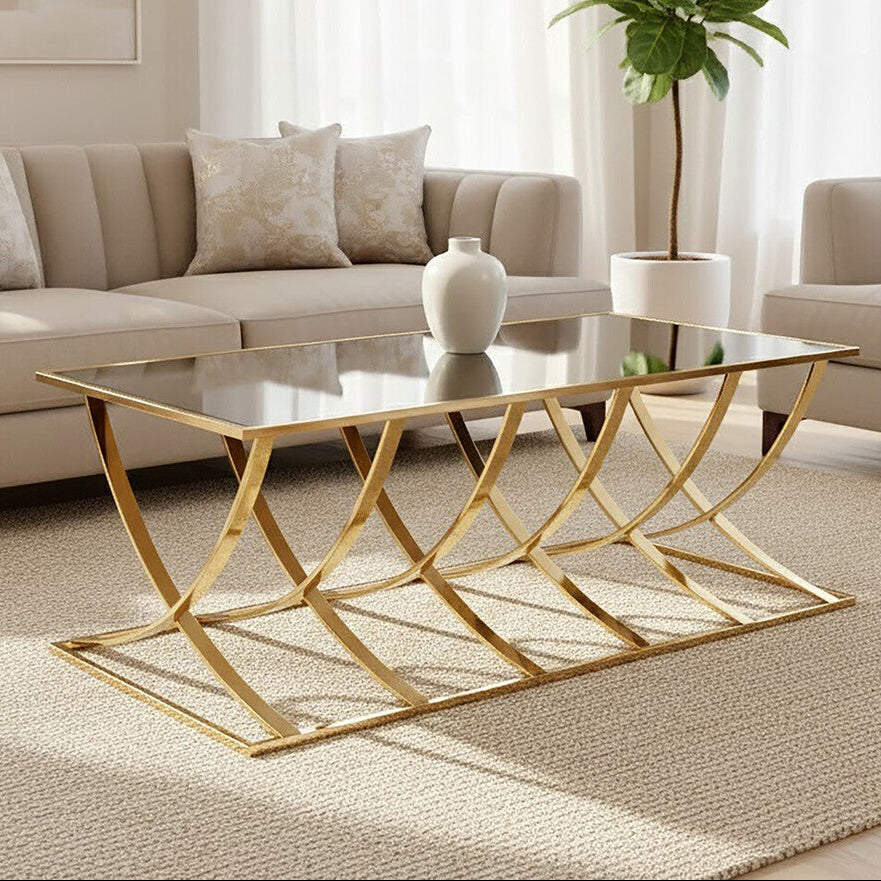 Mirrored Glass Top Coffee Table with Gold Finish Stainless Steel Frame