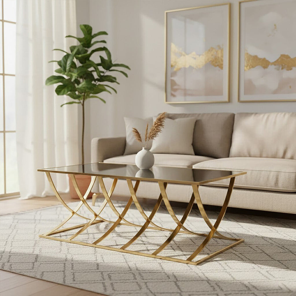 Mirrored Glass Top Coffee Table with Gold Finish Stainless Steel Frame