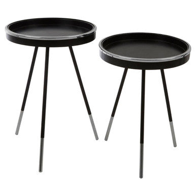 Black and Silver Set of 2 Side Tables with Raised Rim Tops