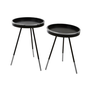Black and Silver Set of 2 Side Tables with Raised Rim Tops