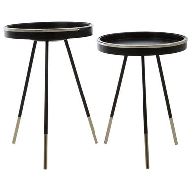 Black and Silver Set of 2 Side Tables with Raised Rim Tops