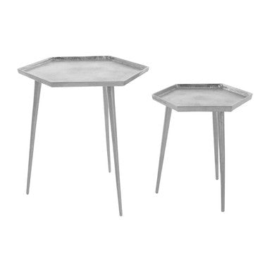 Silver Hexagonal Side Tables Set of 2 with Textured Tops and Splayed Legs