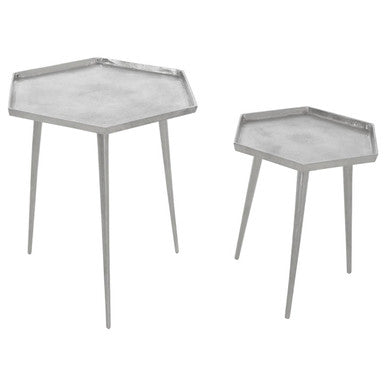 Silver Hexagonal Side Tables Set of 2 with Textured Tops and Splayed Legs