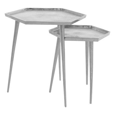 Silver Hexagonal Side Tables Set of 2 with Textured Tops and Splayed Legs