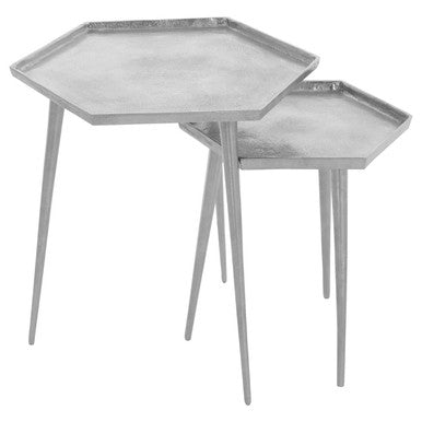 Silver Hexagonal Side Tables Set of 2 with Textured Tops and Splayed Legs