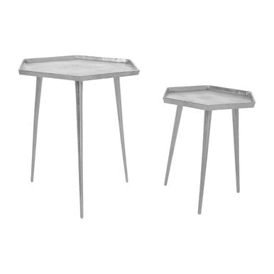 Silver Hexagonal Side Tables Set of 2 with Textured Tops and Splayed Legs