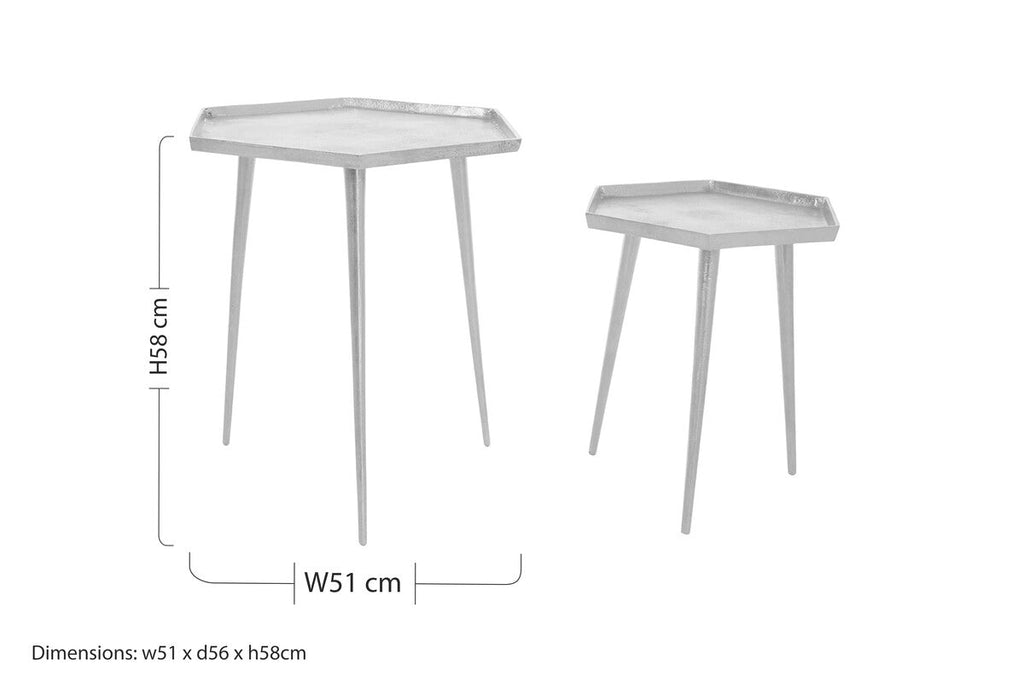 Silver Hexagonal Side Tables Set of 2 with Textured Tops and Splayed Legs
