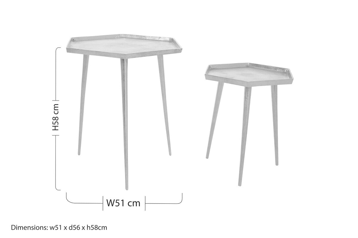 Silver Hexagonal Side Tables Set of 2 with Textured Tops and Splayed Legs