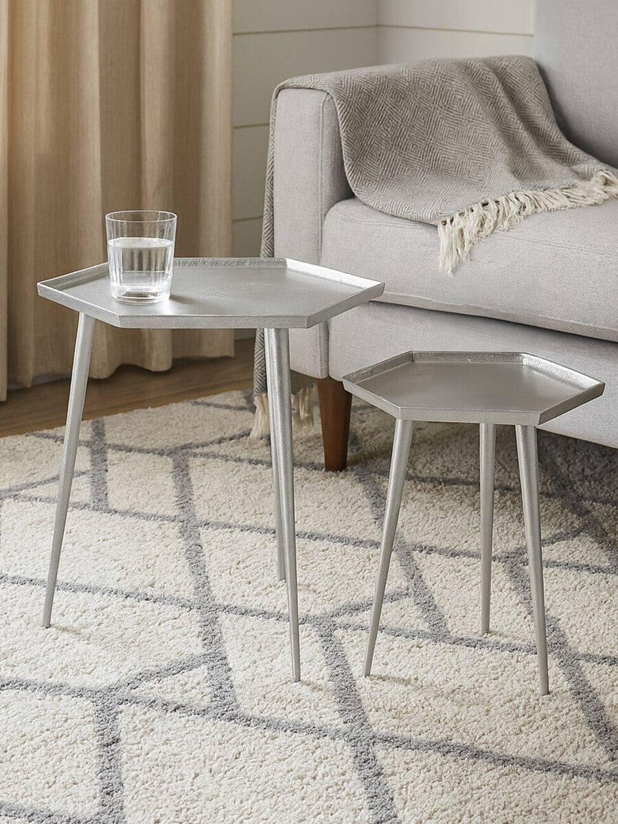Silver Hexagonal Side Tables Set of 2 with Textured Tops and Splayed Legs