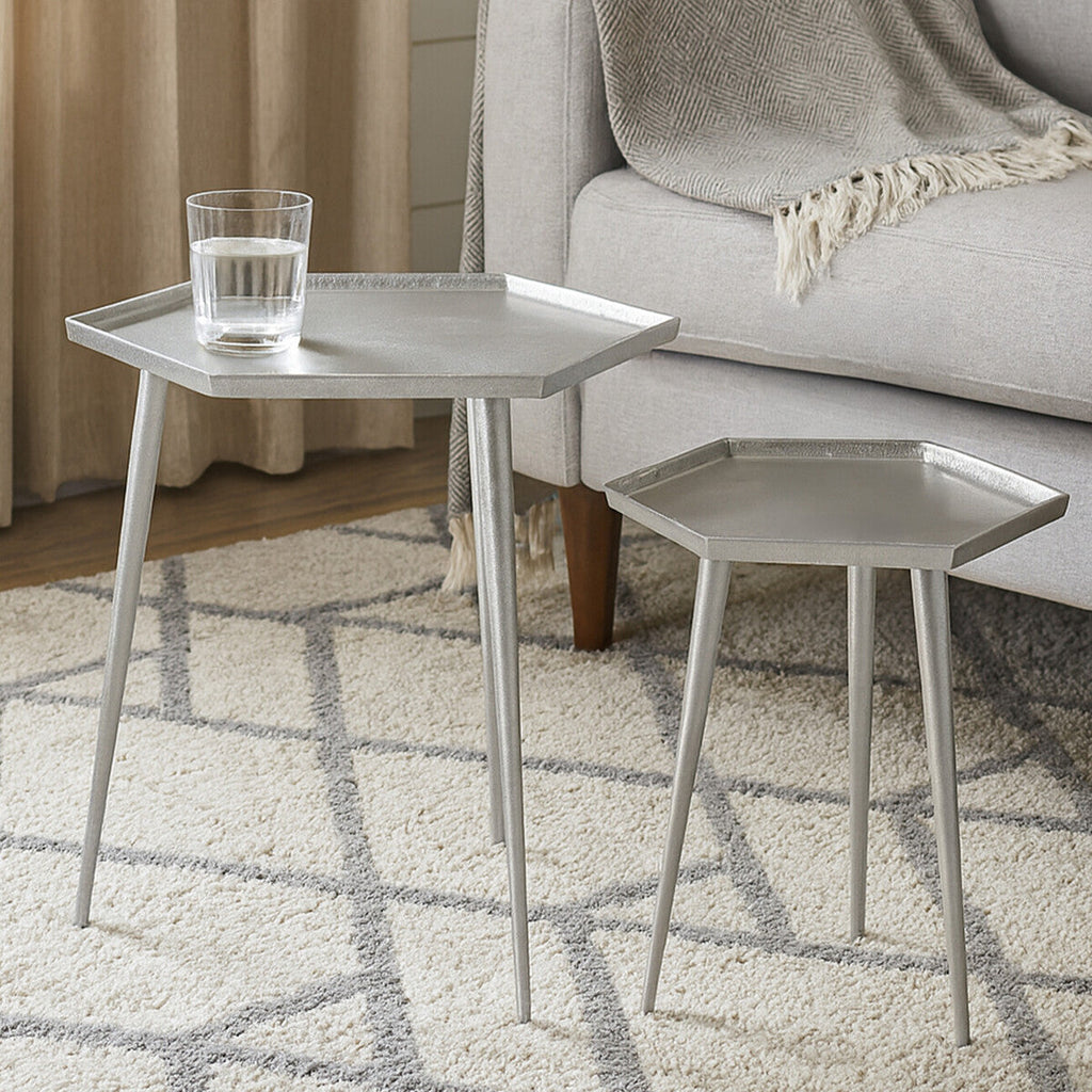 Silver Hexagonal Side Tables Set of 2 with Textured Tops and Splayed Legs