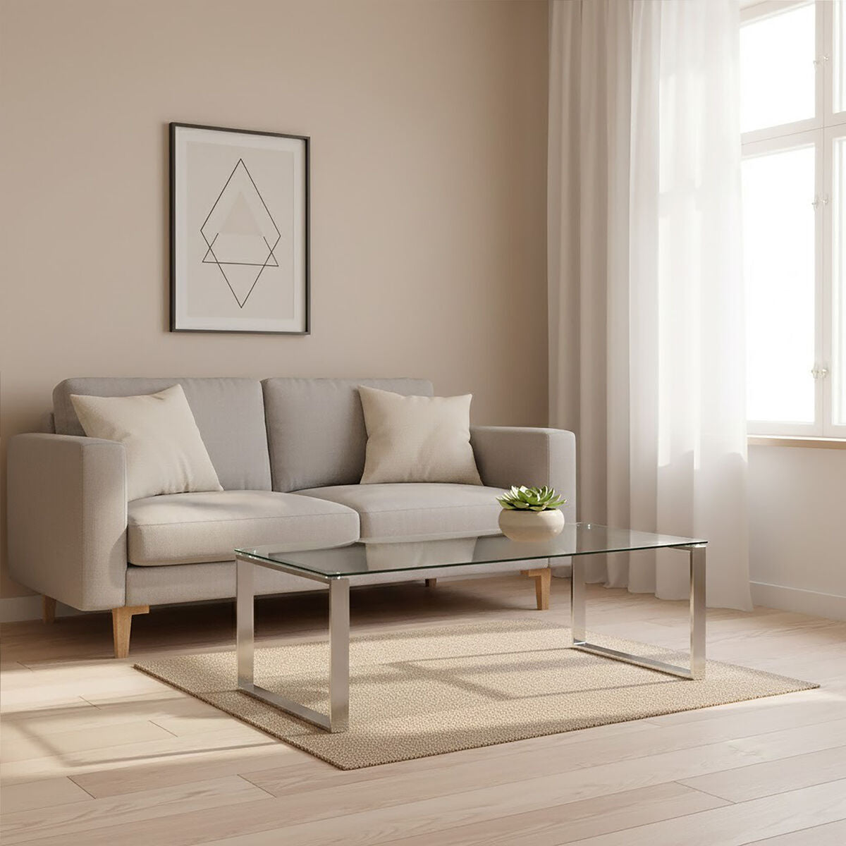 Silver Stainless Steel Coffee Table with Black Glass Top