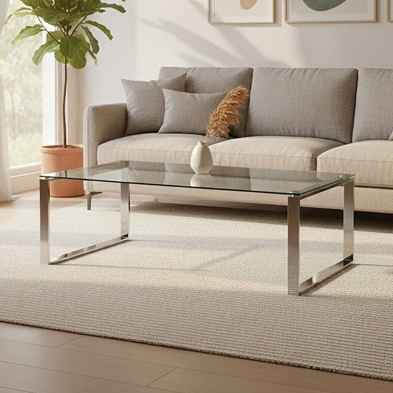 Silver Stainless Steel Coffee Table with Black Glass Top