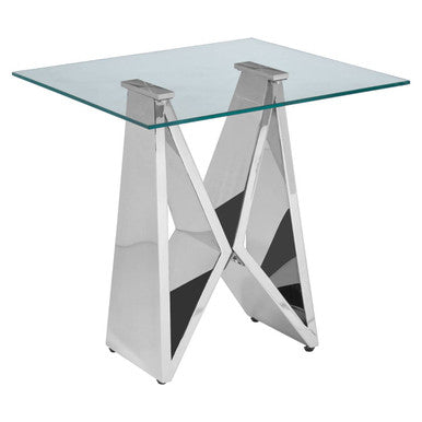 Silver Stainless Steel Wing Base End Table with Clear Glass Top