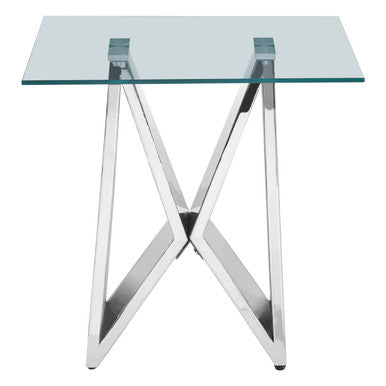 Silver Stainless Steel Wing Base End Table with Clear Glass Top