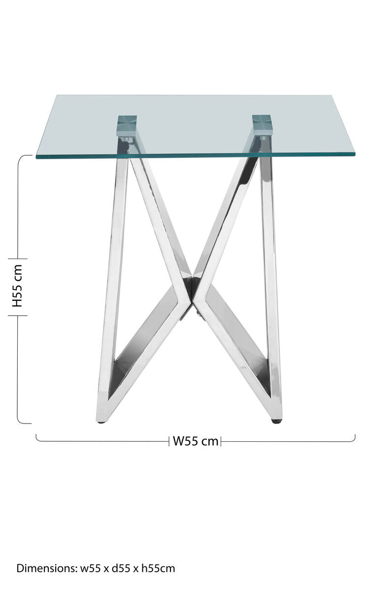 Silver Stainless Steel Wing Base End Table with Clear Glass Top