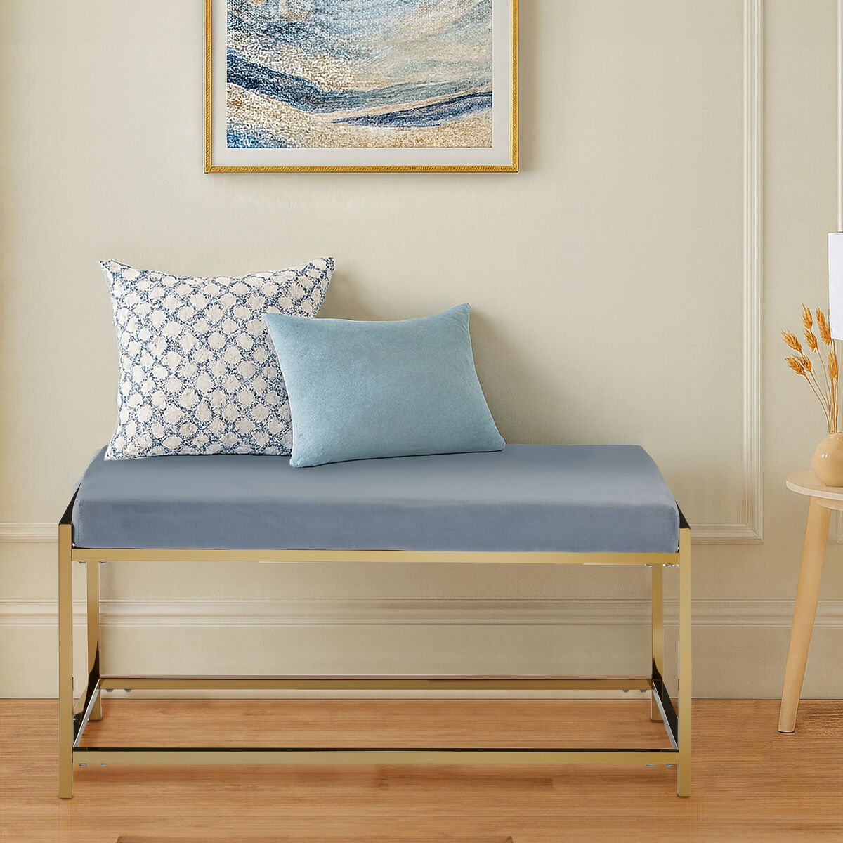 Powder Blue and Gold Velvet Bench