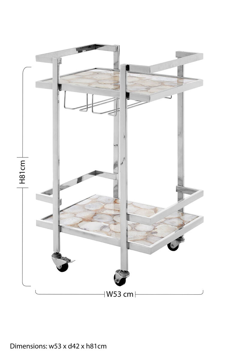 White Agate Drinks Trolley with Silver Frame