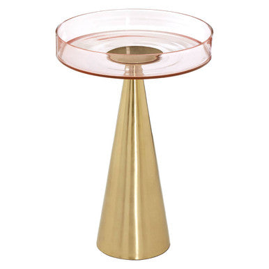 Clear Large Side Table with Pink Tinted Glass Top and Conical Metal Base