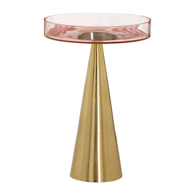 Clear Large Side Table with Pink Tinted Glass Top and Conical Metal Base