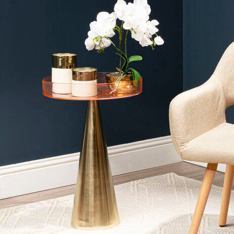 Clear Large Side Table with Pink Tinted Glass Top and Conical Metal Base