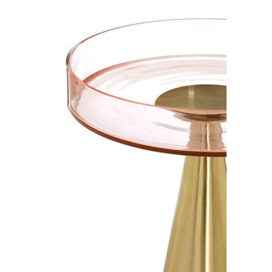 Clear Large Side Table with Pink Tinted Glass Top and Conical Metal Base