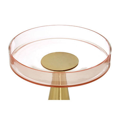 Clear Large Side Table with Pink Tinted Glass Top and Conical Metal Base