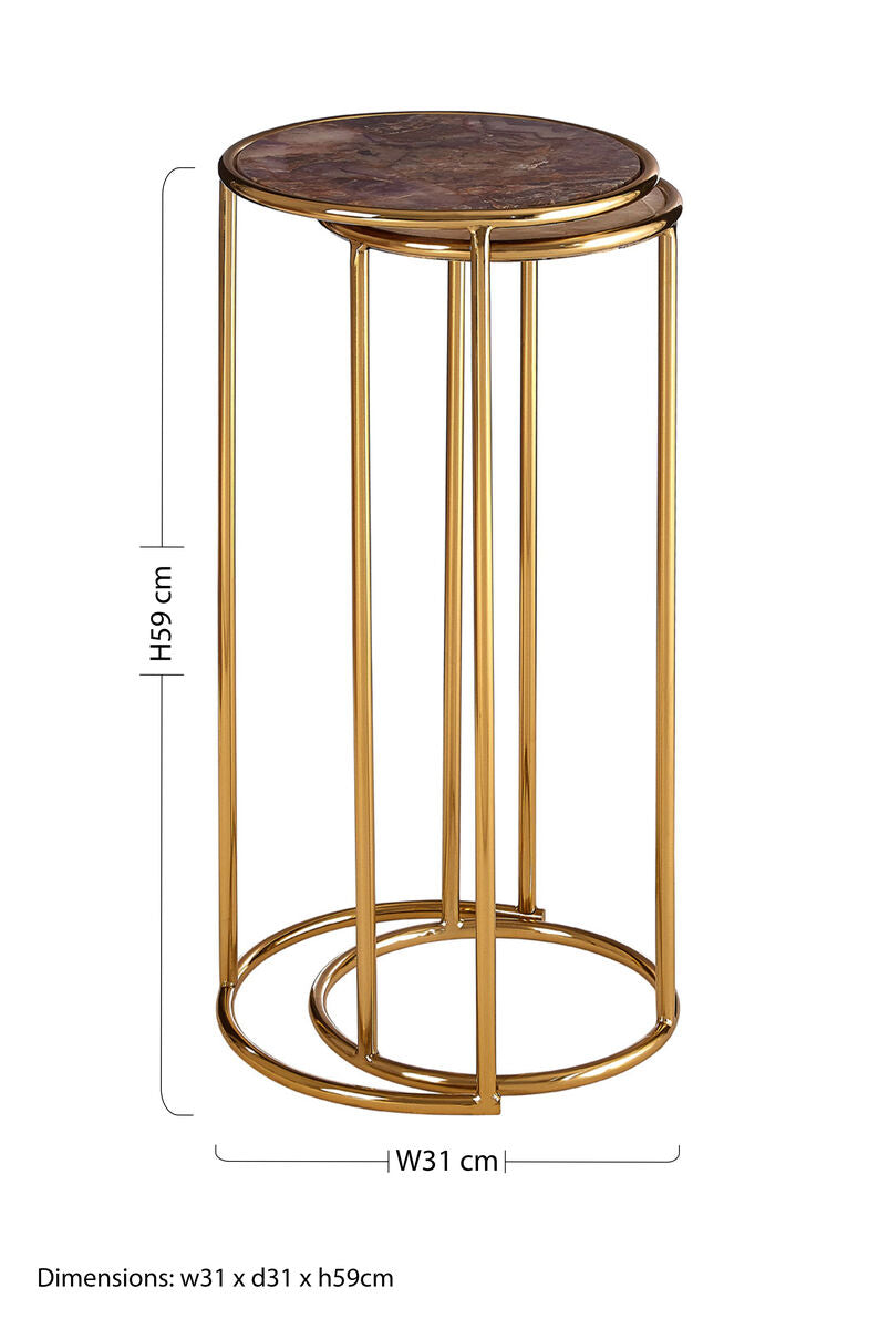 Amethyst Top Set of 2 Nesting Side Tables with Gold Metal Frame