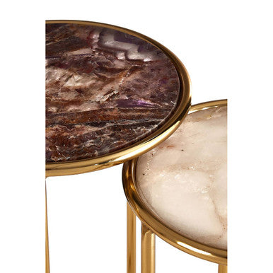 Amethyst Top Set of 2 Nesting Side Tables with Gold Metal Frame
