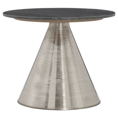Grey Marble Round Side Table with Textured Silver Base