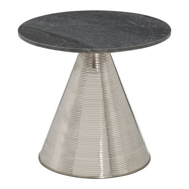 Grey Marble Round Side Table with Textured Silver Base