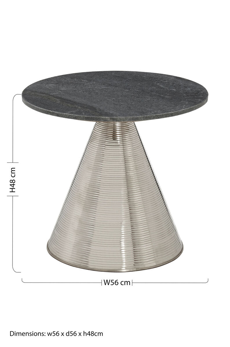 Grey Marble Round Side Table with Textured Silver Base