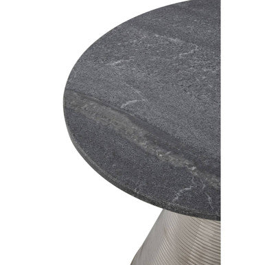 Grey Marble Round Side Table with Textured Silver Base