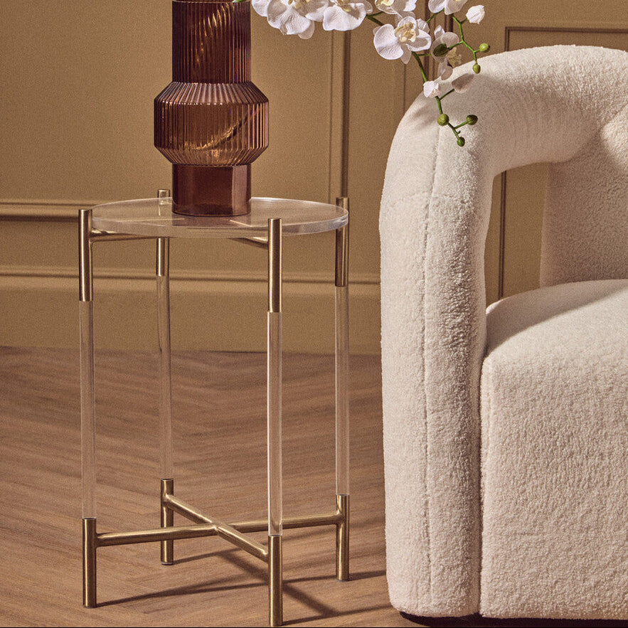 Round Clear Acrylic Side Table with Gold Steel Base