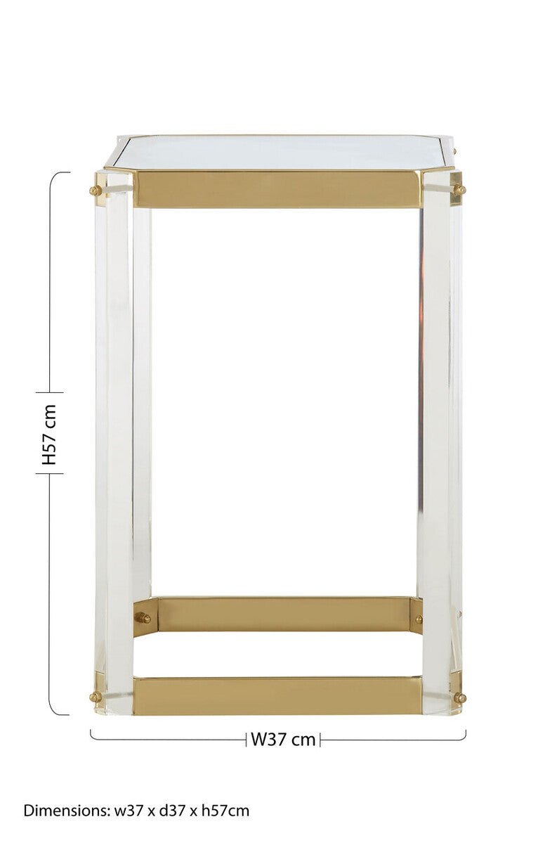 Clear Mirrored Top Side Table with Acrylic Legs and Gold Frame