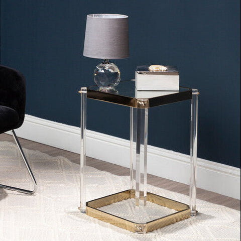 Clear Mirrored Top Side Table with Acrylic Legs and Gold Frame