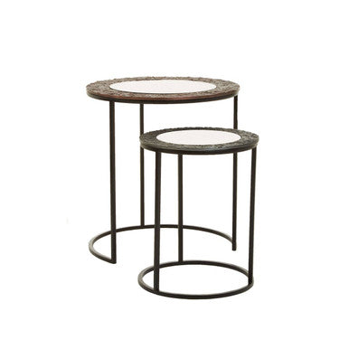 Round Nesting Side Tables Set of 2 with Antiqued Glass and Mixed Metal Frames