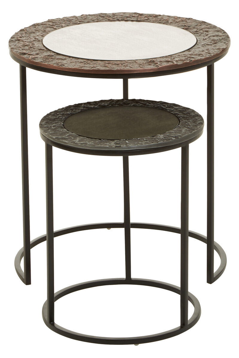 Round Nesting Side Tables Set of 2 with Antiqued Glass and Mixed Metal Frames
