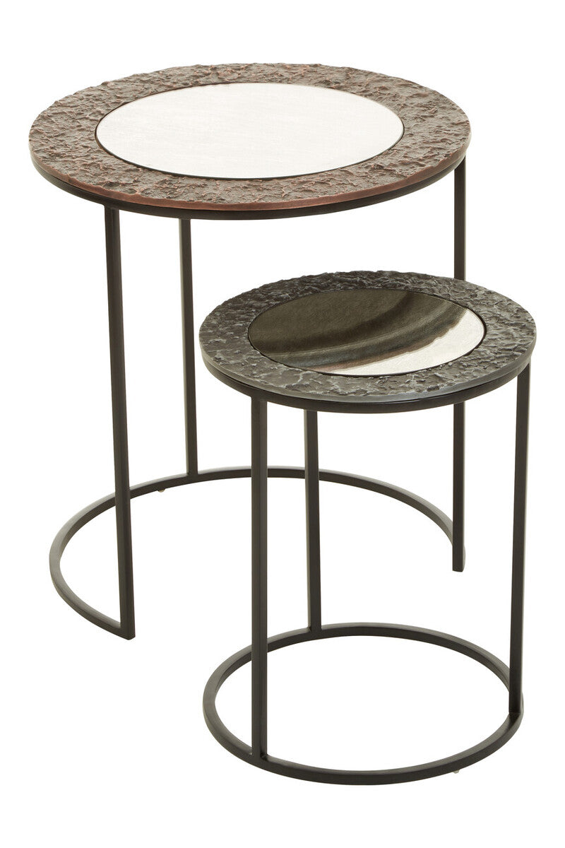 Round Nesting Side Tables Set of 2 with Antiqued Glass and Mixed Metal Frames