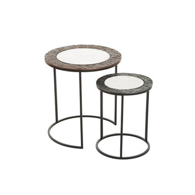Round Nesting Side Tables Set of 2 with Antiqued Glass and Mixed Metal Frames