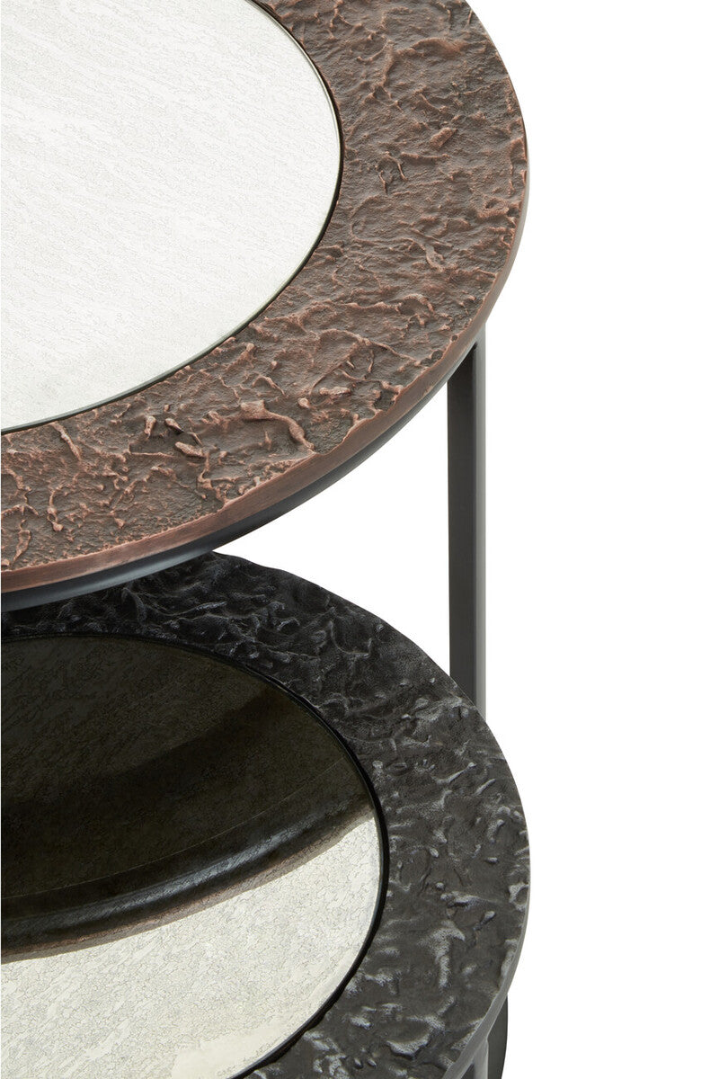 Round Nesting Side Tables Set of 2 with Antiqued Glass and Mixed Metal Frames
