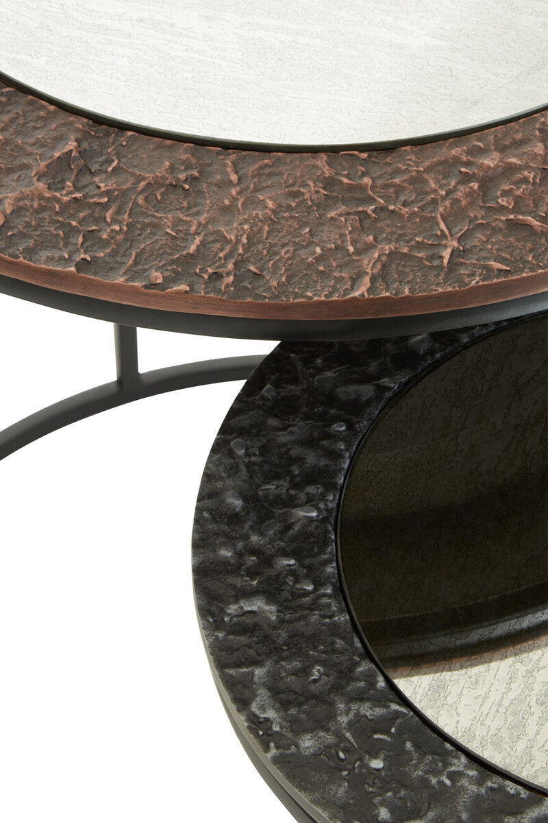 Round Nesting Side Tables Set of 2 with Antiqued Glass and Mixed Metal Frames