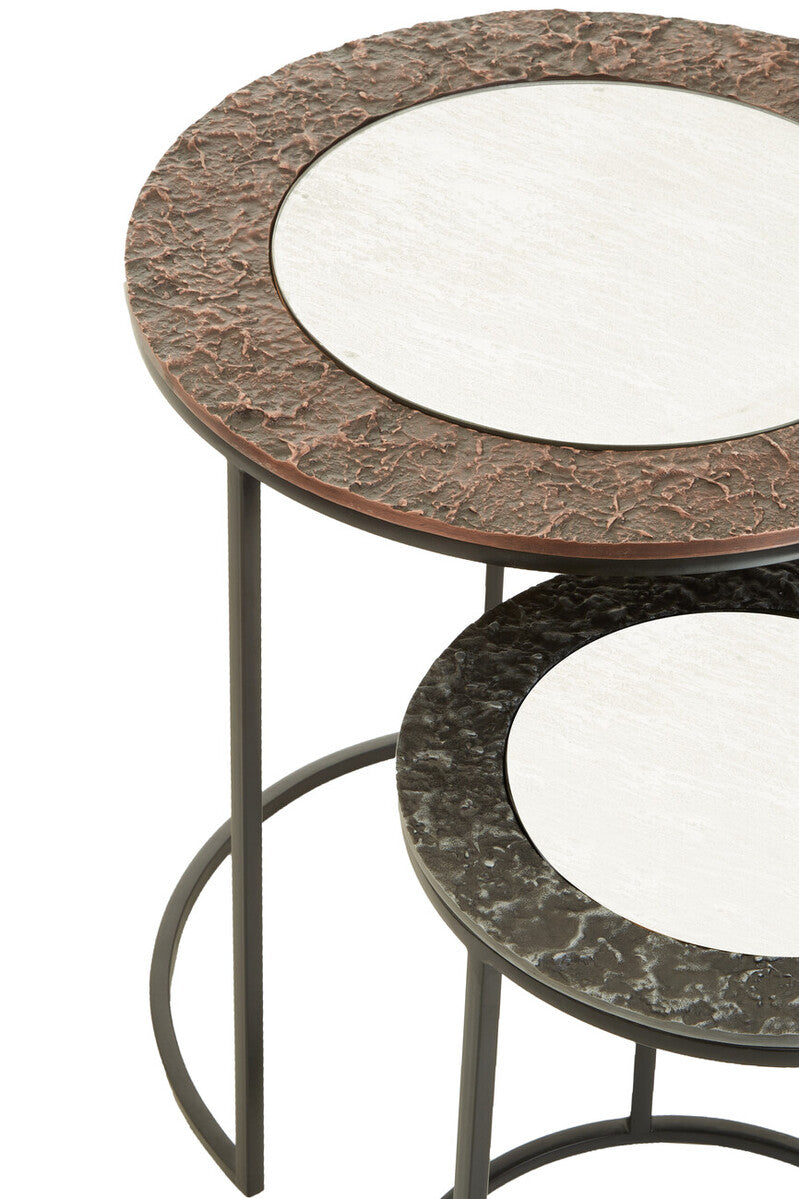 Round Nesting Side Tables Set of 2 with Antiqued Glass and Mixed Metal Frames