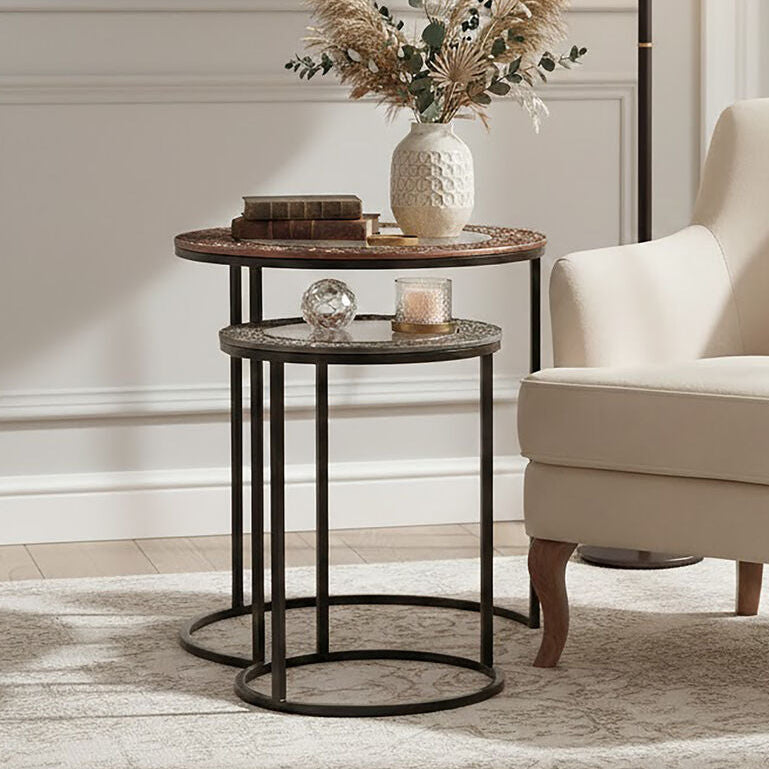 Round Nesting Side Tables Set of 2 with Antiqued Glass and Mixed Metal Frames