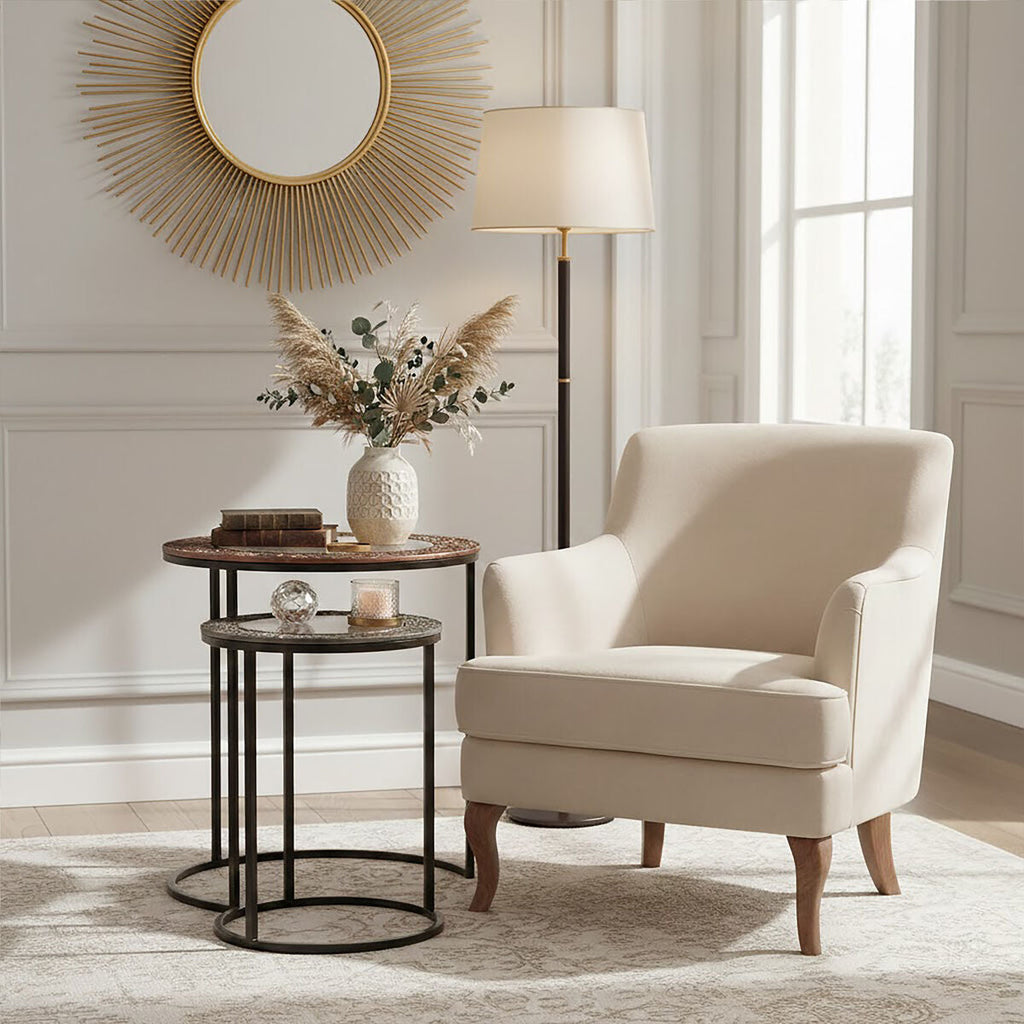 Round Nesting Side Tables Set of 2 with Antiqued Glass and Mixed Metal Frames
