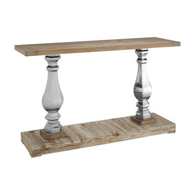 Brown Whitewash Pine Wooden Console Table with Carved Silver Pillar Columns