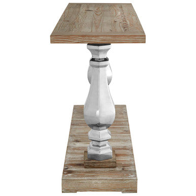 Brown Whitewash Pine Wooden Console Table with Carved Silver Pillar Columns