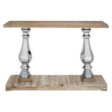 Brown Whitewash Pine Wooden Console Table with Carved Silver Pillar Columns
