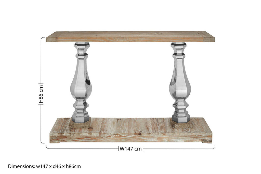 Brown Whitewash Pine Wooden Console Table with Carved Silver Pillar Columns