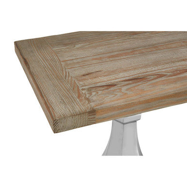 Brown Whitewash Pine Wooden Console Table with Carved Silver Pillar Columns