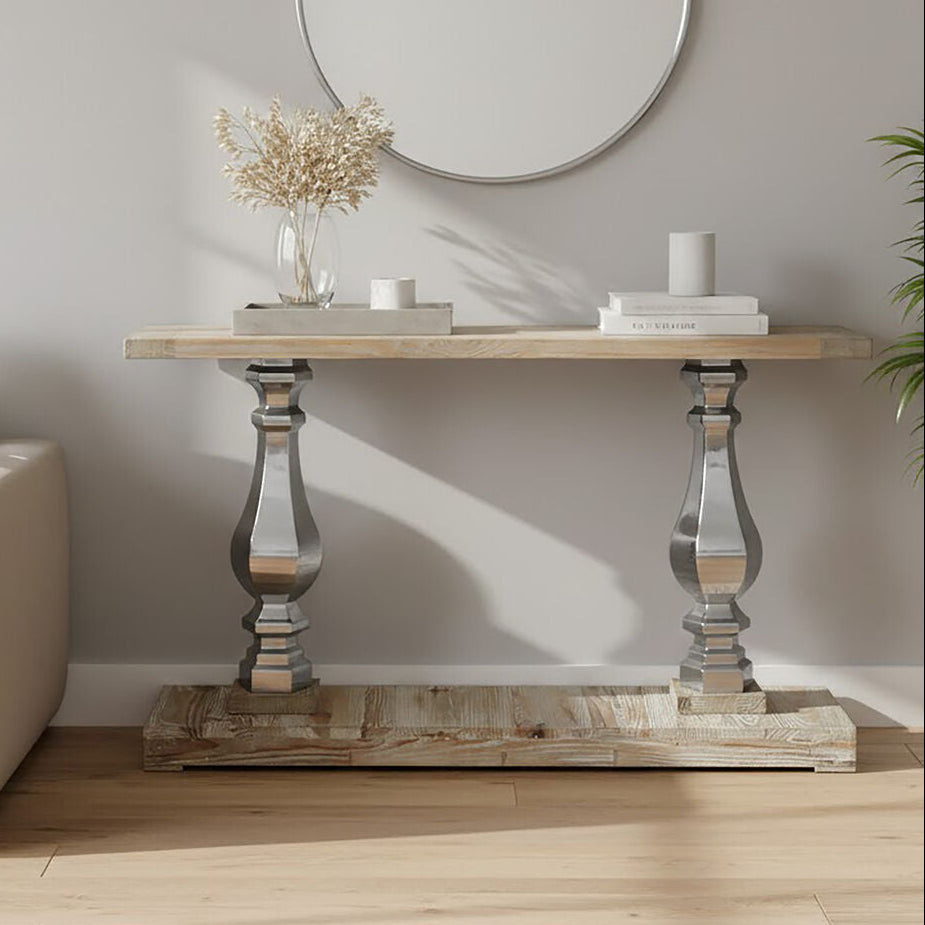 Brown Whitewash Pine Wooden Console Table with Carved Silver Pillar Columns